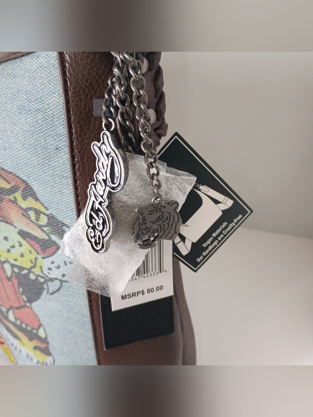 Ed Hardy Embellished Denim/Brown Vegan Leather Shoulder Hobo Bag w/Rhinestone - Picture 4 of 11